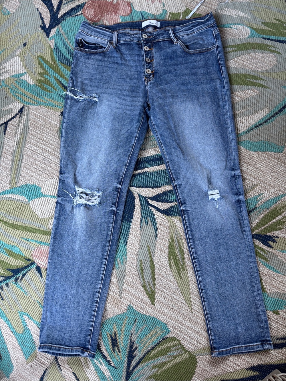 KanCan Women's Skinny Distressed Medium Blue Button-Fly Jeans